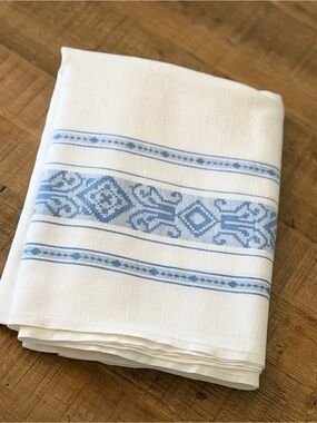 Vintage Damask Woven Textile Tablecloth w/ Woven Geometric Stripe. 55x75 Blue
